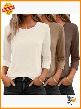 3/4 Sleeve T-Shirt Women Loose Fit Casual Dressy Tee Top 3 Pack